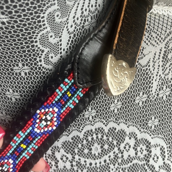 Vintage Eddie Bauer Beaded Leather Belt Braided Edges Black Silver Size 34 - Picture 6 of 9